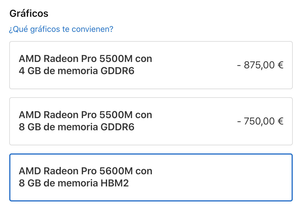 Precio de la AMD Radeon Pro 5600M en el MacBook Pro