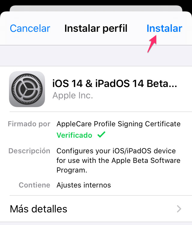 Instalar perfil de iOS 14