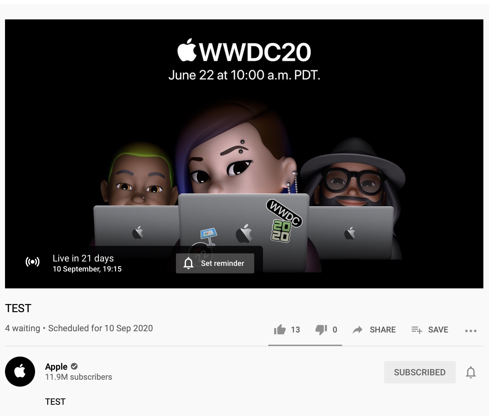 Test de Live stream de Apple para el 10 de septiembre