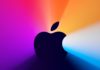 Logo de Apple con fondo de colores en una de sus presentaciones de eventos