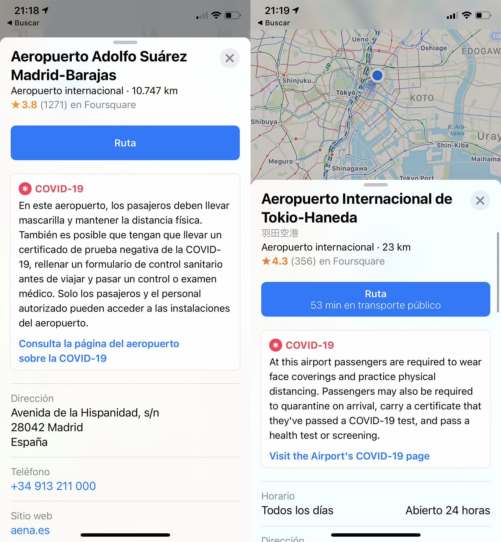 Información sobre Covid en aeropuertos, gracias a Apple Maps