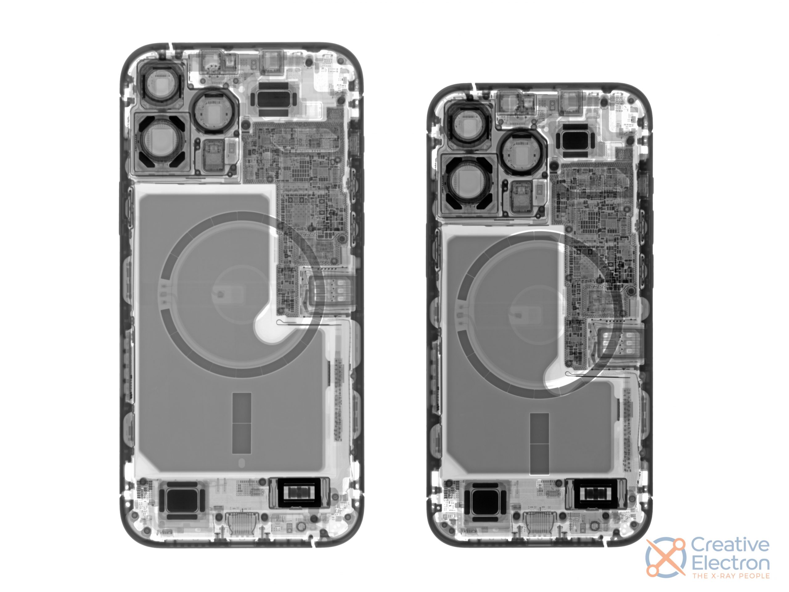 iPhone 13 Pro Max (izquierda) y iPhone 13 Pro normal (derecha) vistos con Rayos X