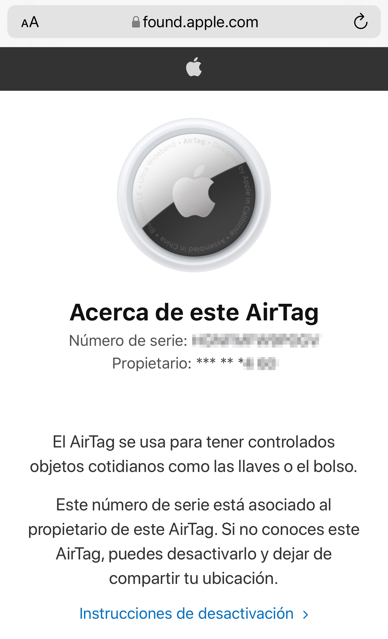 AirTag reconocido por el iPhone, en la web de Apple