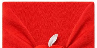 Logo de Apple envuelto en rojo en un furoshiki japonés