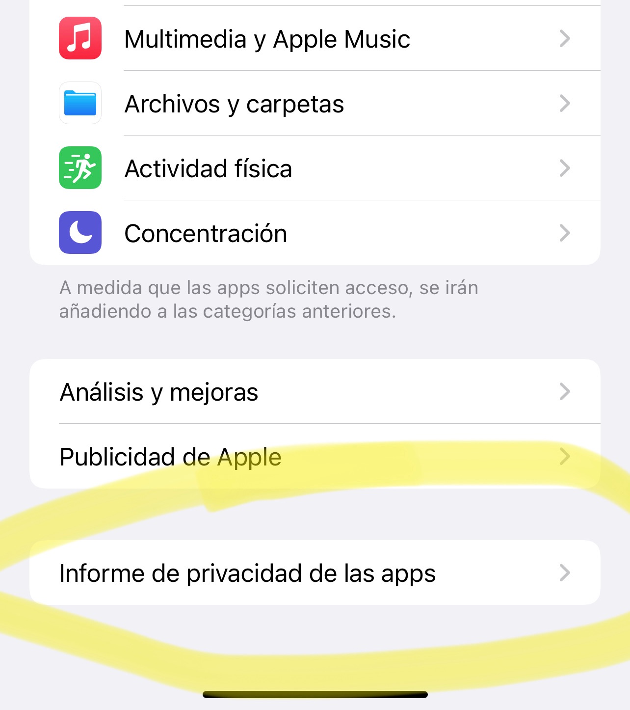 Informe de privacidad de las Apps en la App de Ajustes