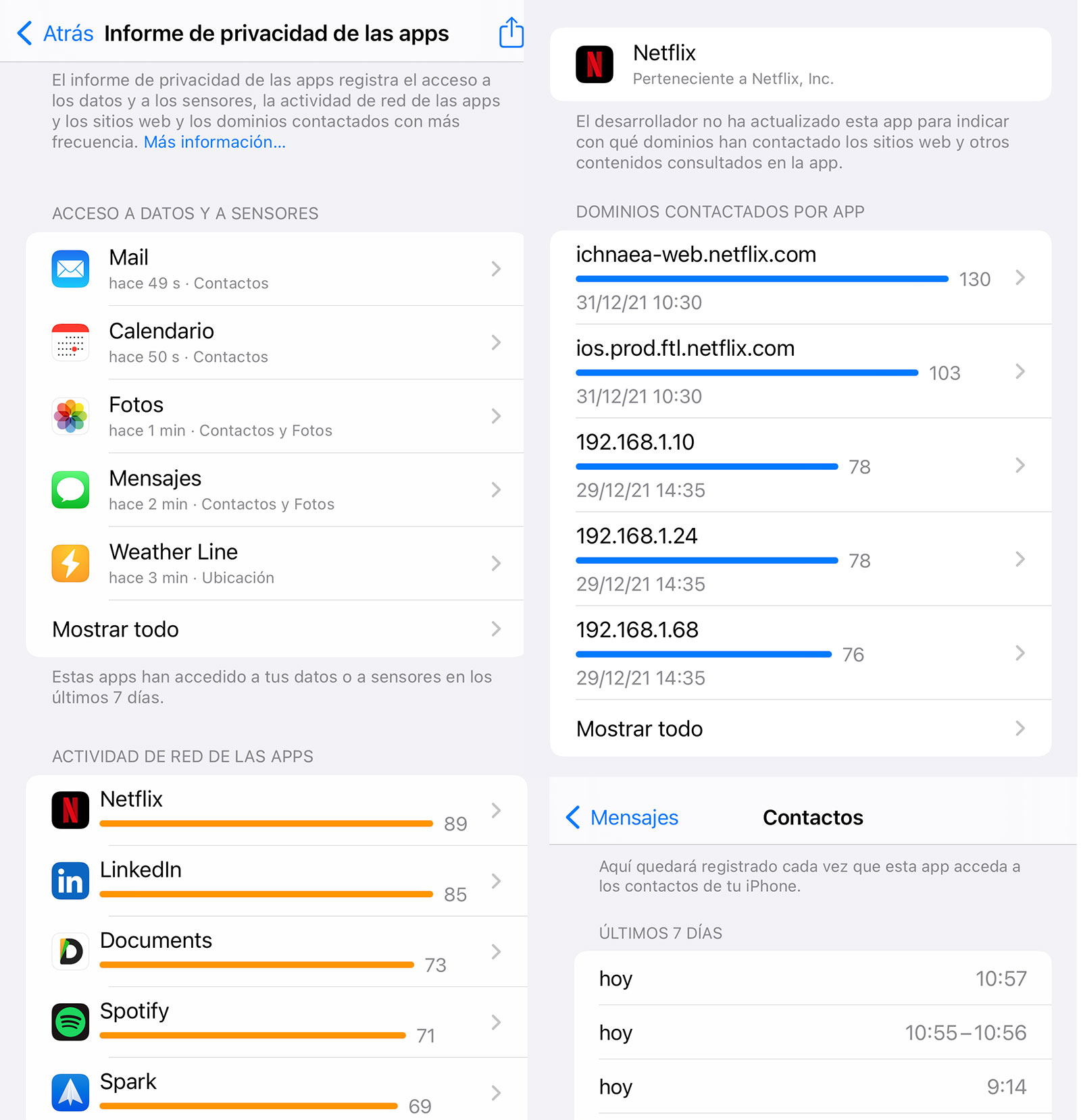 Resultados del informe de privacidad de las Apps en la App de Ajustes