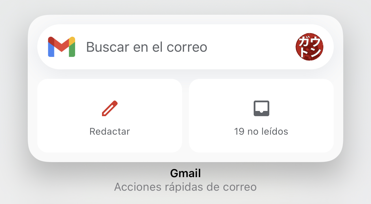 Widget de la App de Gmail, sin información real del correo, utilizando sólo accesos directos a funciones