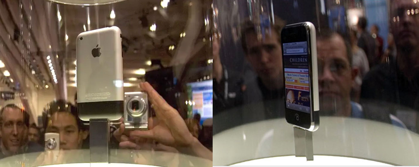 iPhone original en una vitrina de cristal en el día de su lanzamiento