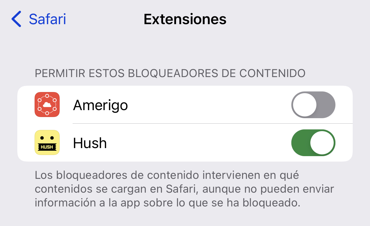 Opción del bloqueador de contenido Pantalla de Hush Nag Blocker en la App de Ajustes