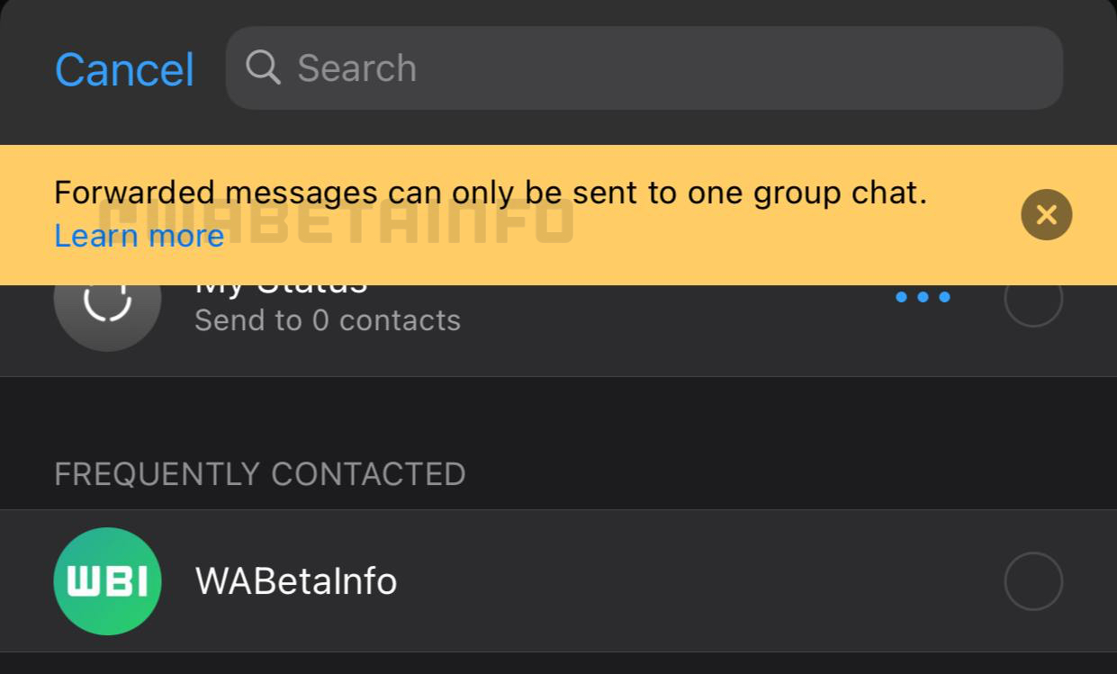 Mensaje que aparece cuando se evita el re-envío de un mensaje en WhatsApp a más de un grupo