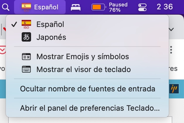 Bandera de España en el menú de teclado