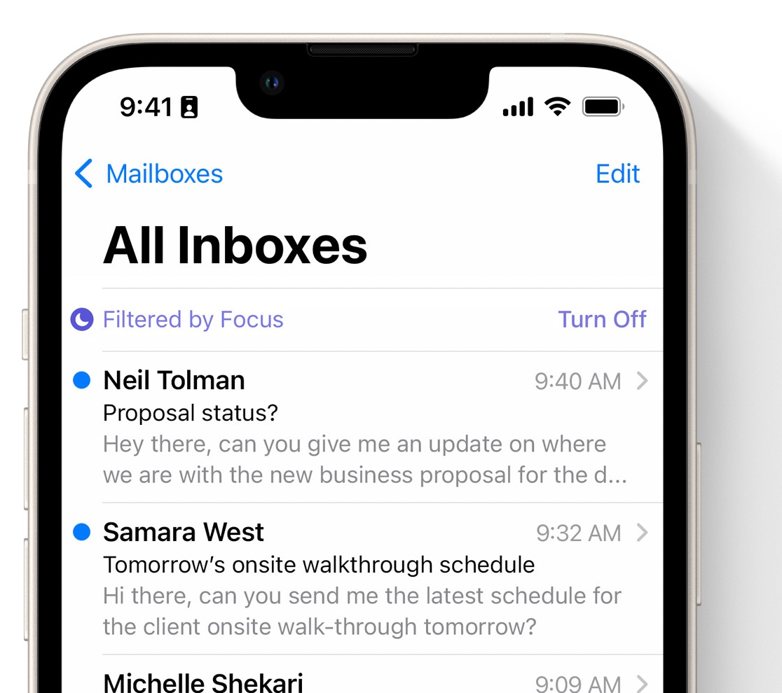 App de Mail avisando que la lista de correos está filtrada por un modo de concentración