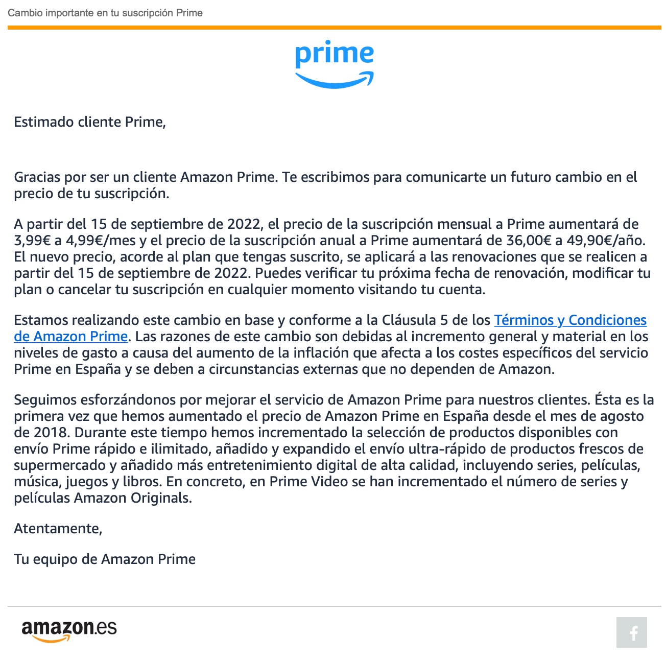 Email de Amazon Prime dando a conocer la subida de precio