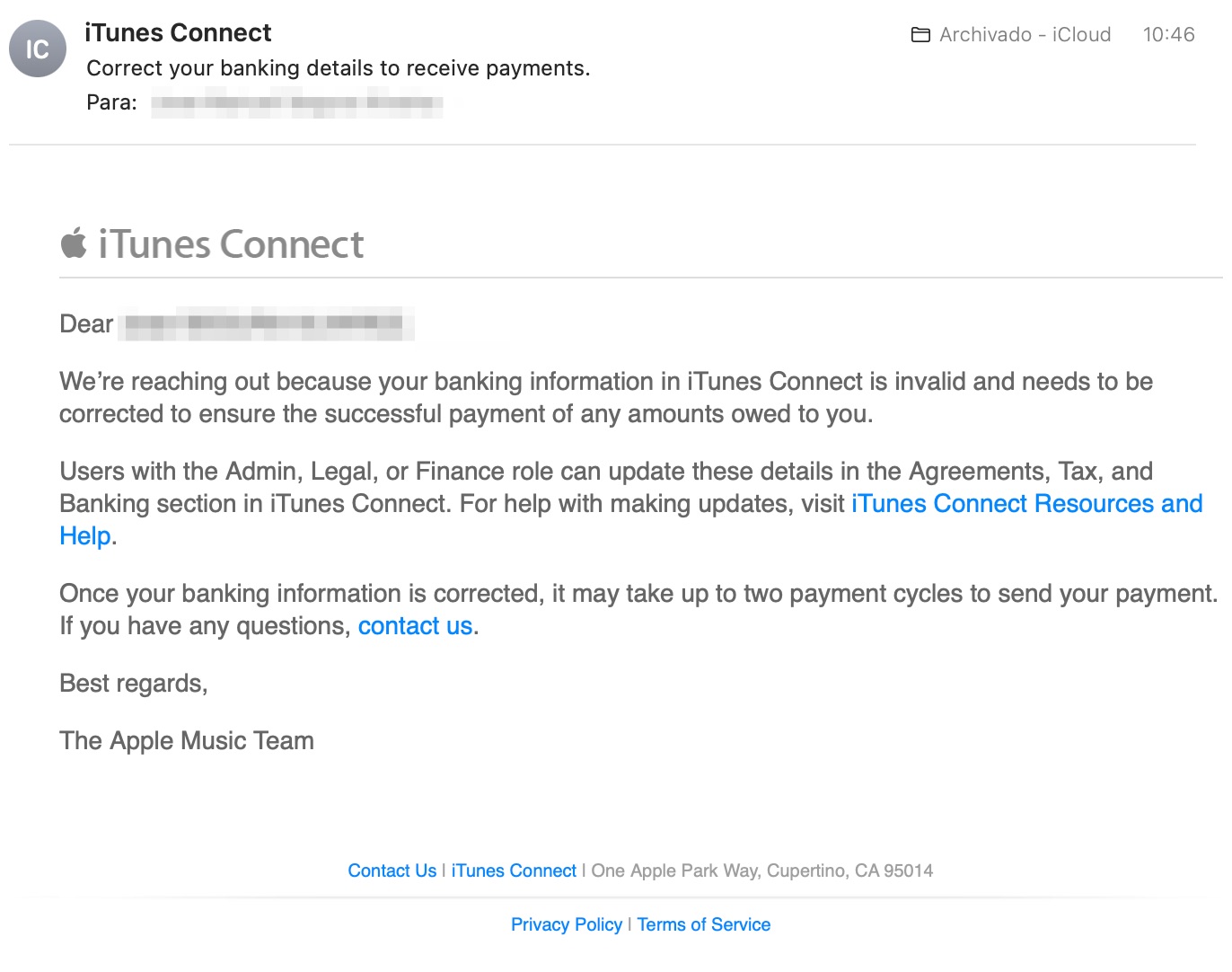 Email erróneo de iTunes Connect
