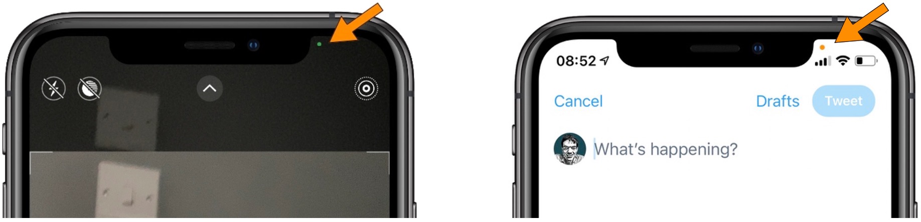 Así es como se representan los puntos que indican que la cámara o el micrófono están siendo utilizados en el iPhone 12