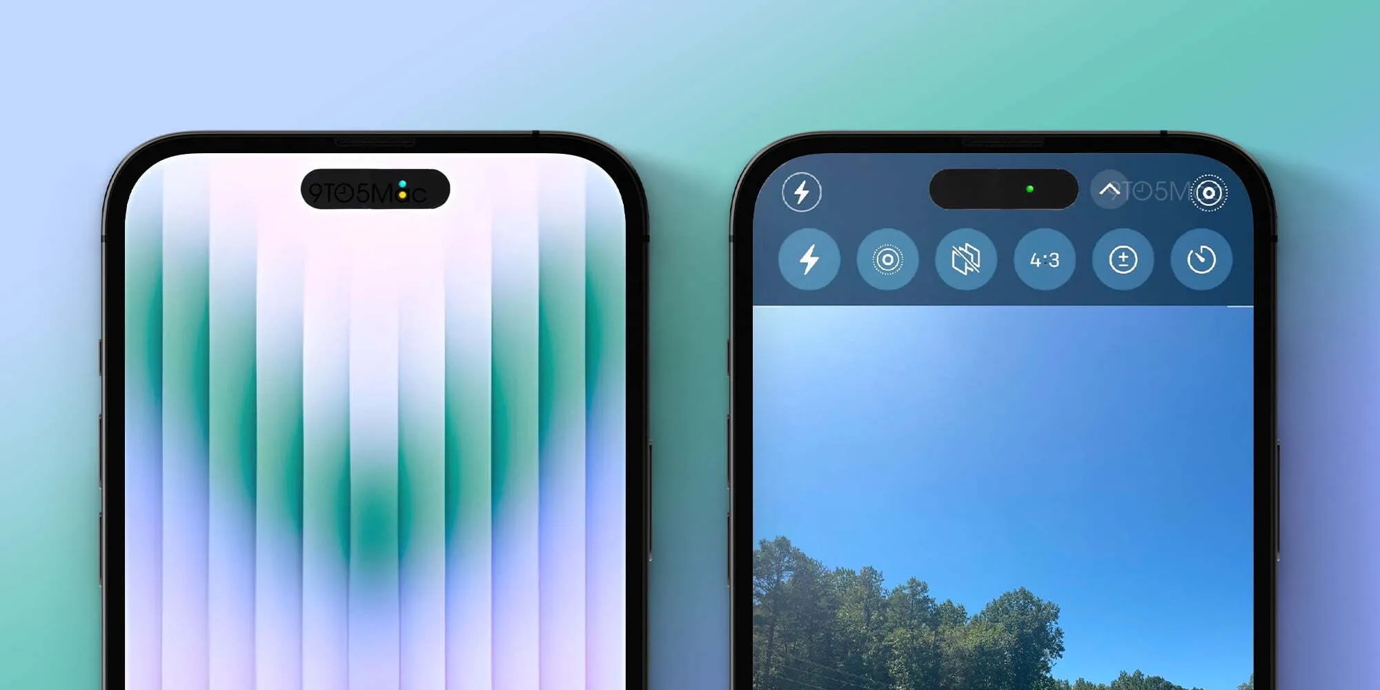 Representación de cómo se verían los indicadores de privacidad utilizando los pocos pixeles de pantalla que existen entre los dos orificios que albergan los componentes TrueDepth del iPhone 14 Pro,
