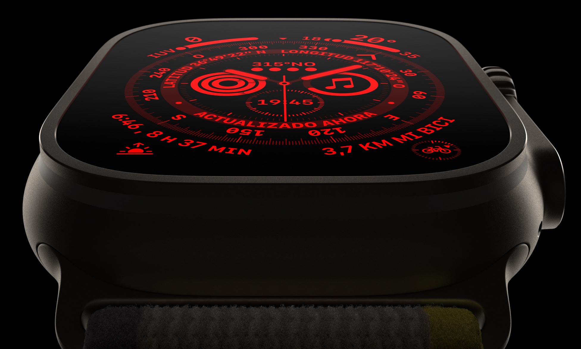 Apple Watch Ultra con pantalla en modo nocturno, en rojo