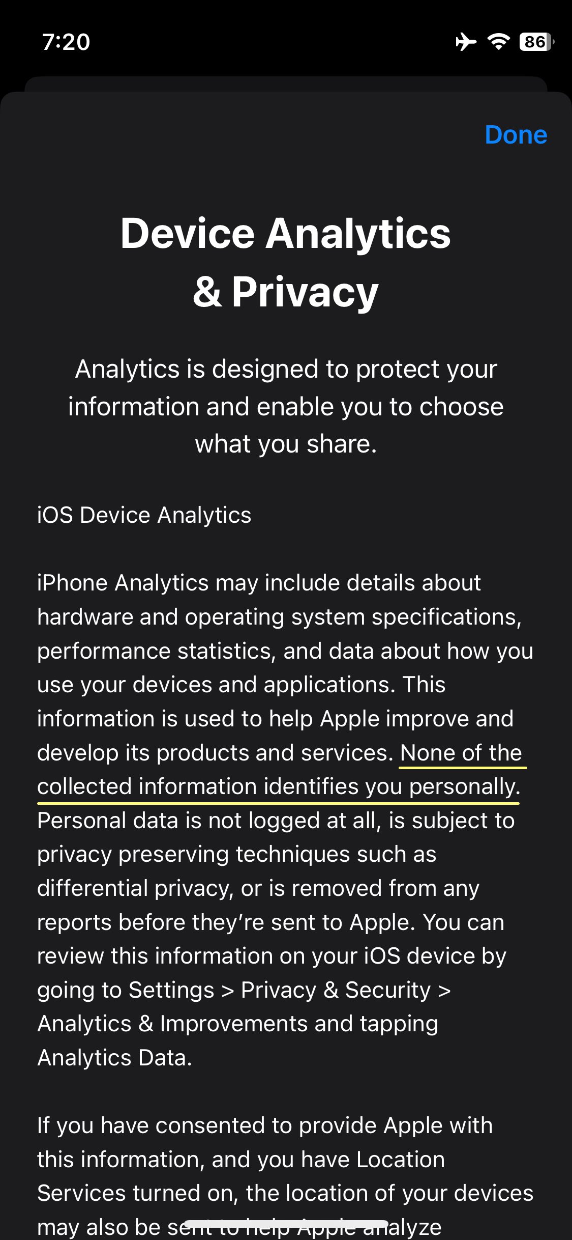 Se especifica que no se envían datos que identifiquen al usuario en los datos de uso de iOS enviados a Apple