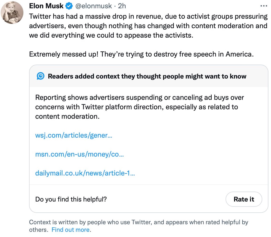 Un tuit de Elon Musk siendo rebatido con más contexto por Birdwatch