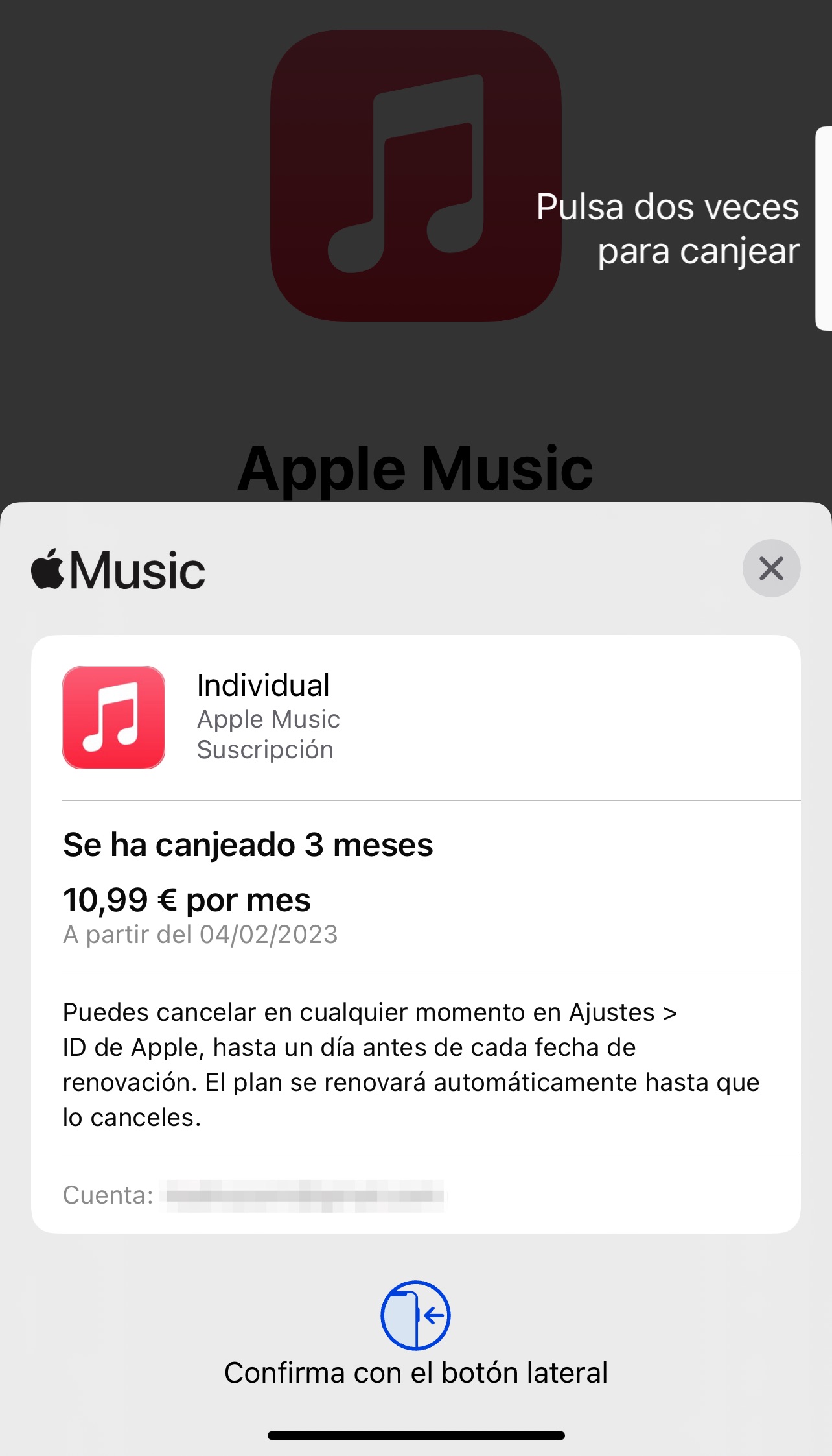 Confirmando la suscripción del regalo de 4 meses gratis de Apple Music