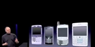 Steve Jobs comparando el iPhone con los smartphones de esa época, en el día de la presentación