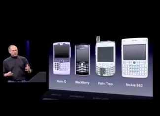 Steve Jobs comparando el iPhone con los smartphones de esa época, en el día de la presentación