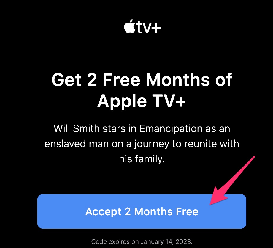 Botón de la oferta de Aceptar 2 meses gratis de Apple TV+