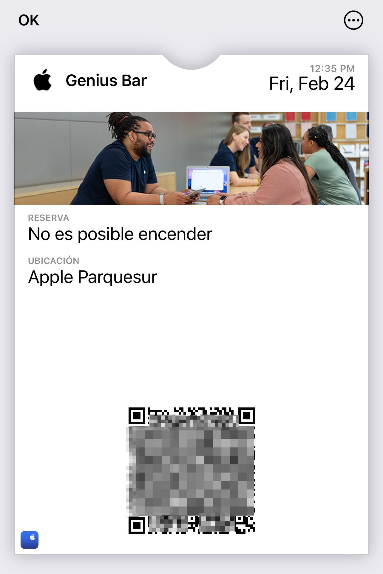 Tarjeta de cita en una Apple Store, en la App de Cartera
