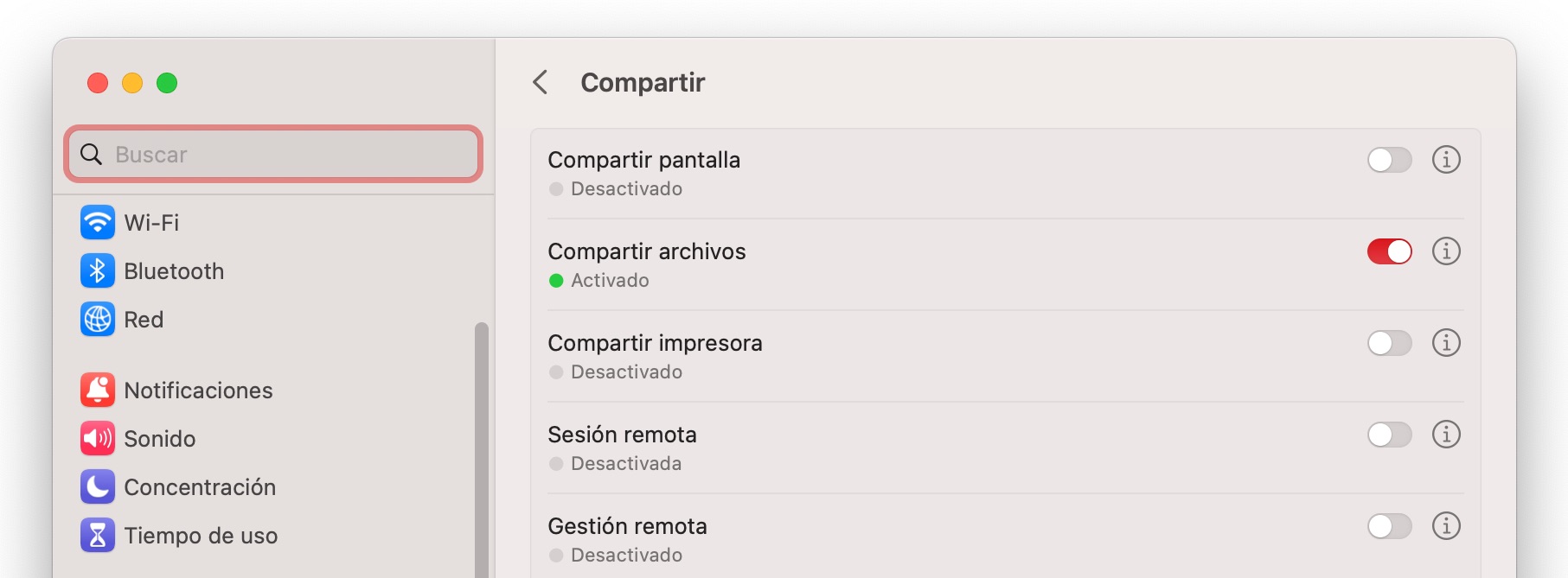 Opciones de compartir ficheros en macOS Ventura