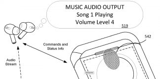 Patente de Apple mostrando una caja de carga de AirPods con pantalla táctil incorporada.