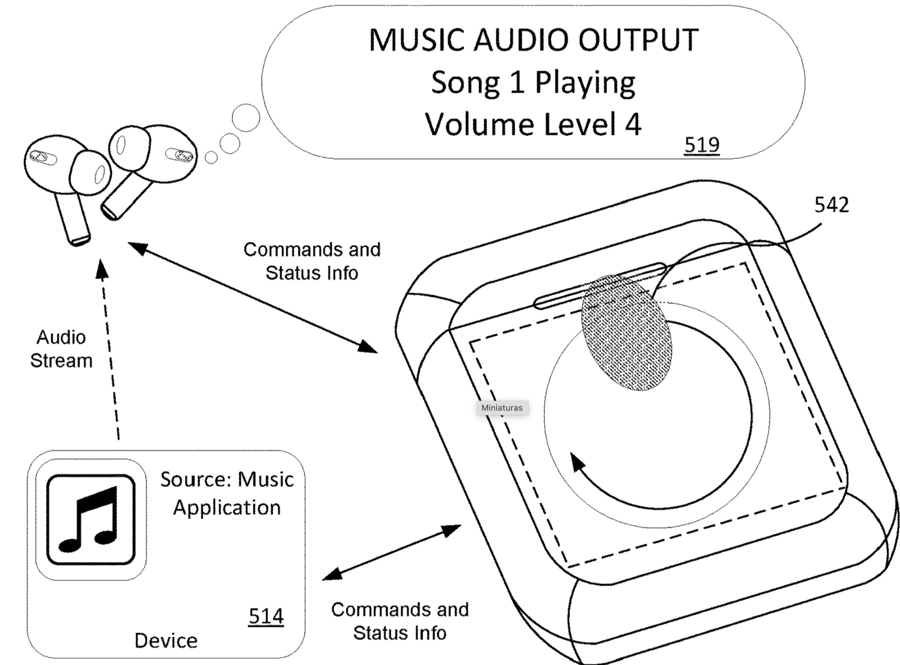 Patente de Apple mostrando una caja de carga de AirPods con pantalla táctil incorporada.