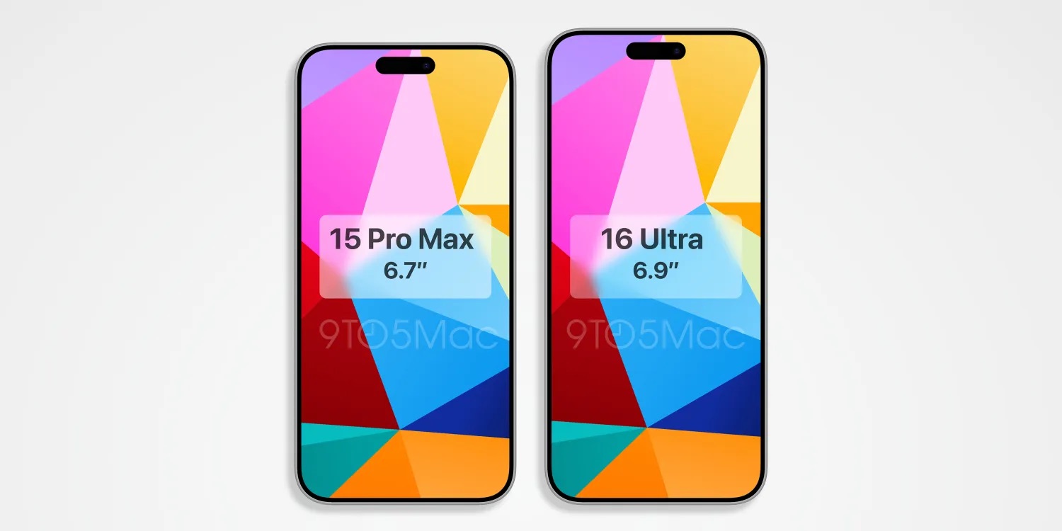Diferencia de tamaños de pantalla entre el iPhone 15 Pro Max de 6,7 pulgadas de pantalla y un supuesto iPhone 16 Ultra de 6,9 pulgadas
