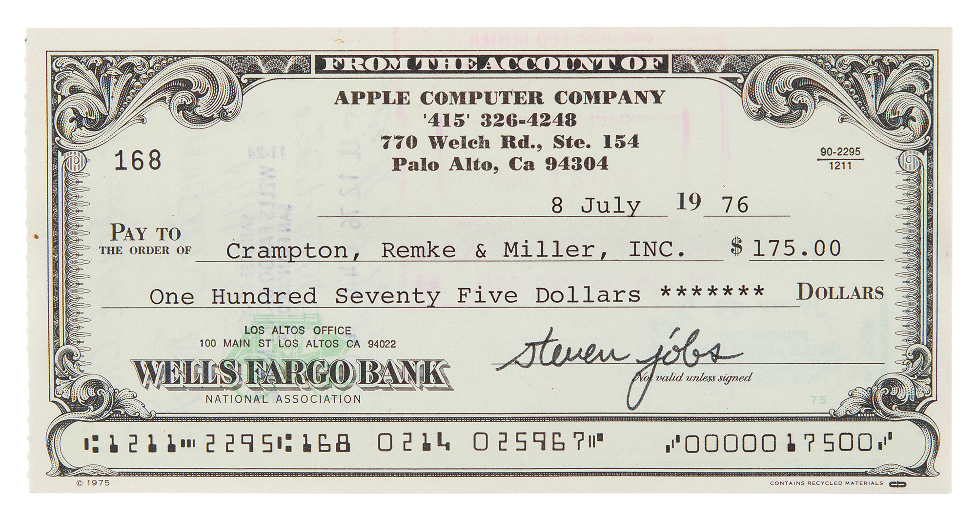 Cheque de Apple firmado por Steve Jobs