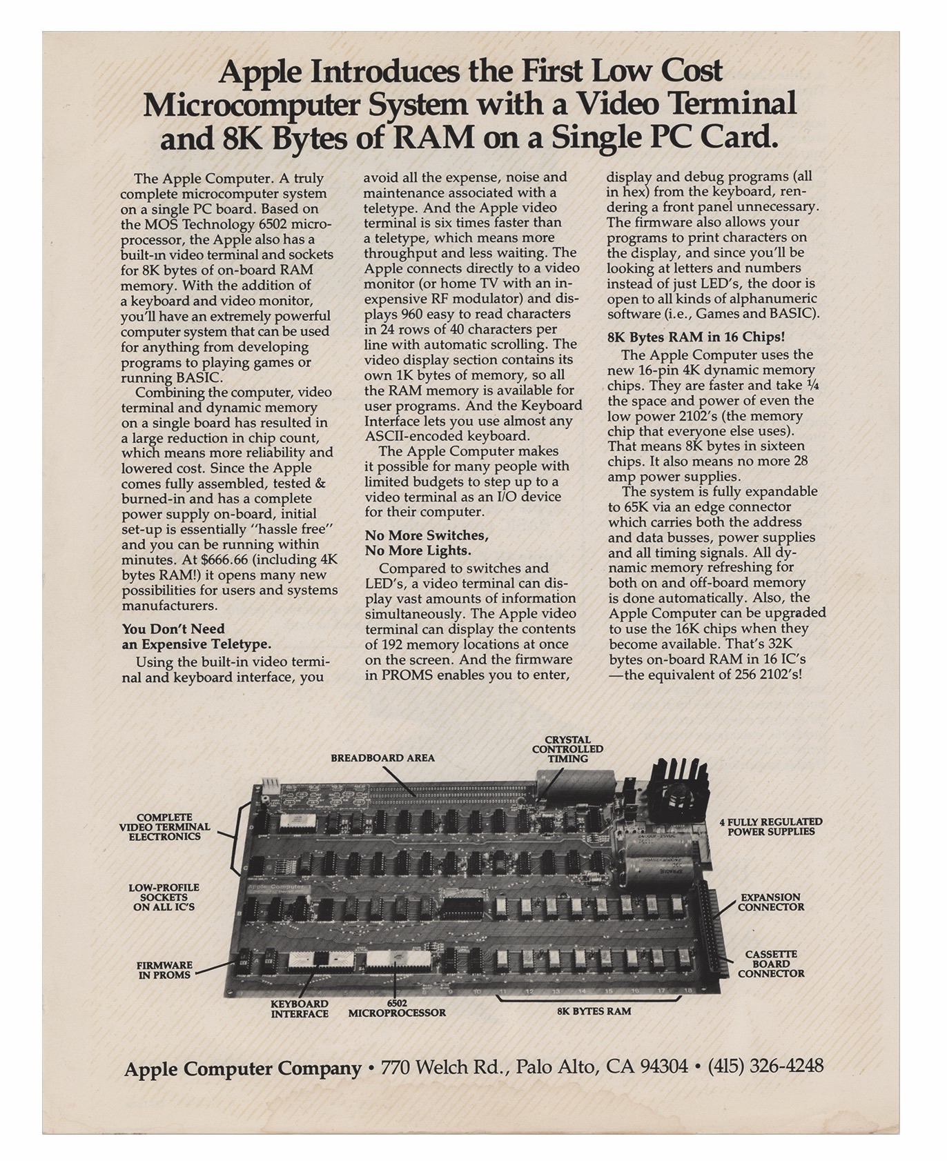 Anuncio del Apple I en la prensa, describiéndolo como el primer ordenador de bajo coste