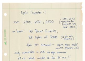 Carta manuscrita por Steve Jobs describiendo un anuncio o mejores puntos de venta de su Apple I para la tienda The Byte Shop en 1976