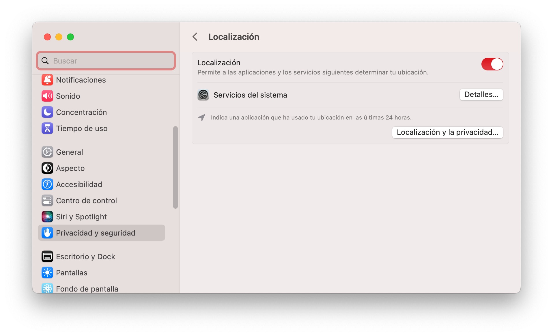 Configuración de servicios de localización en la aplicación de Ajustes del sistema de macOS