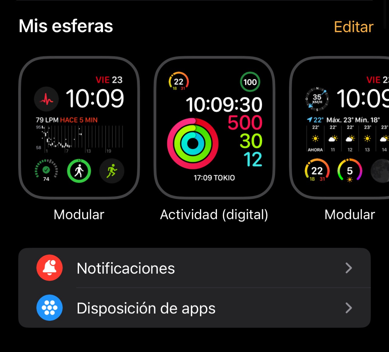 Configuración de las esferas en la App del Apple Watch