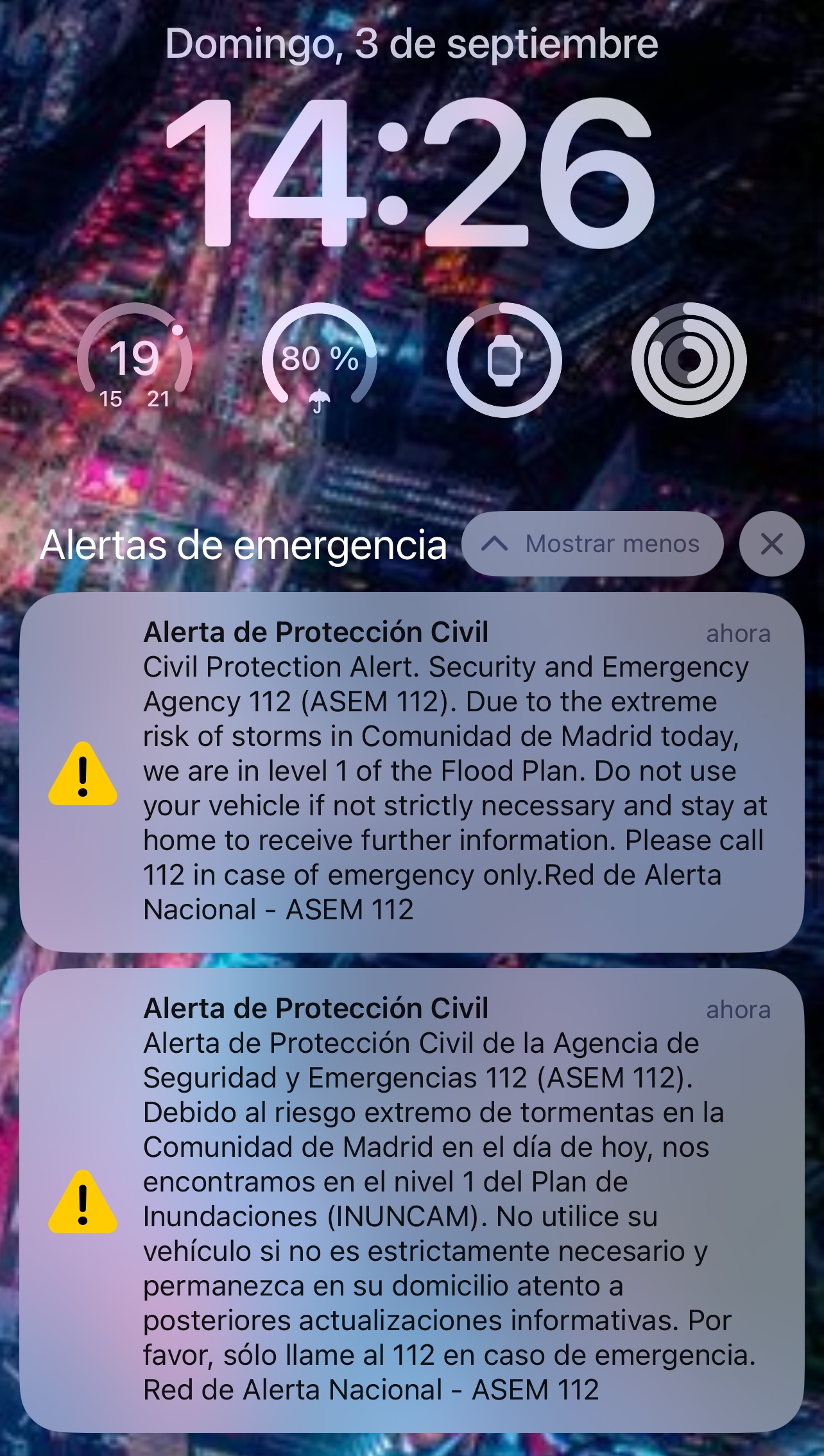 Alerta de Protección Civil enviada masivamente a todos los smartphones en la Comunidad de Madrid y Toledo