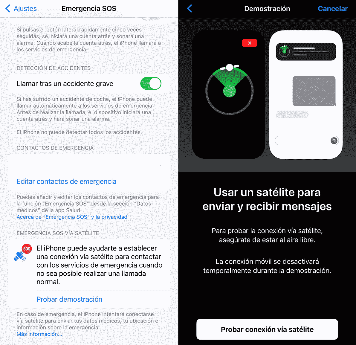 Explicación y demostración de la conexión satelital del iPhone en la App de Ajustes
