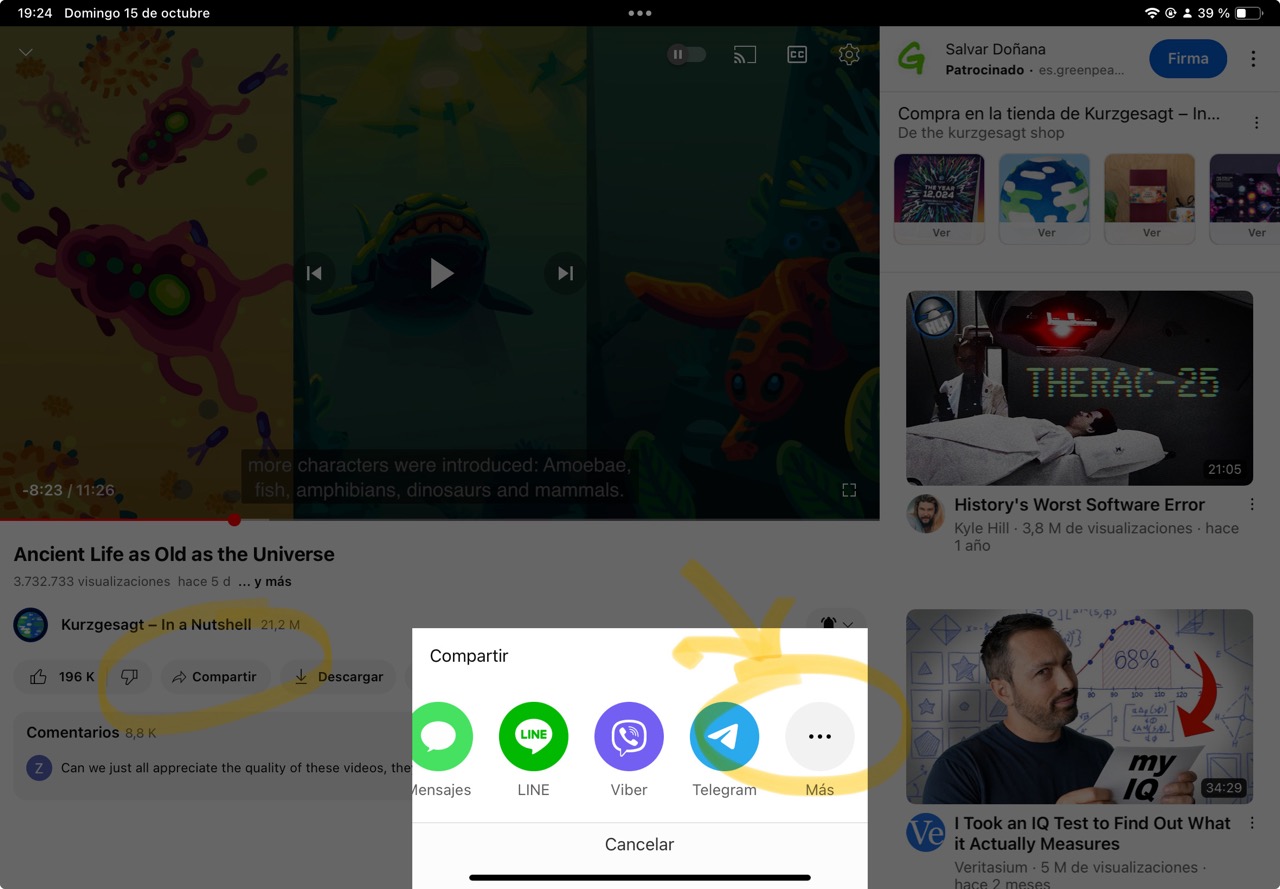 Botón de compartir en la App de YouTube en el iPad