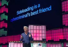 Craig Federighi en el Web Summit, diciendo que el sideloading es el mejor amigo de los cibercriminales