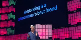 Craig Federighi en el Web Summit, diciendo que el sideloading es el mejor amigo de los cibercriminales