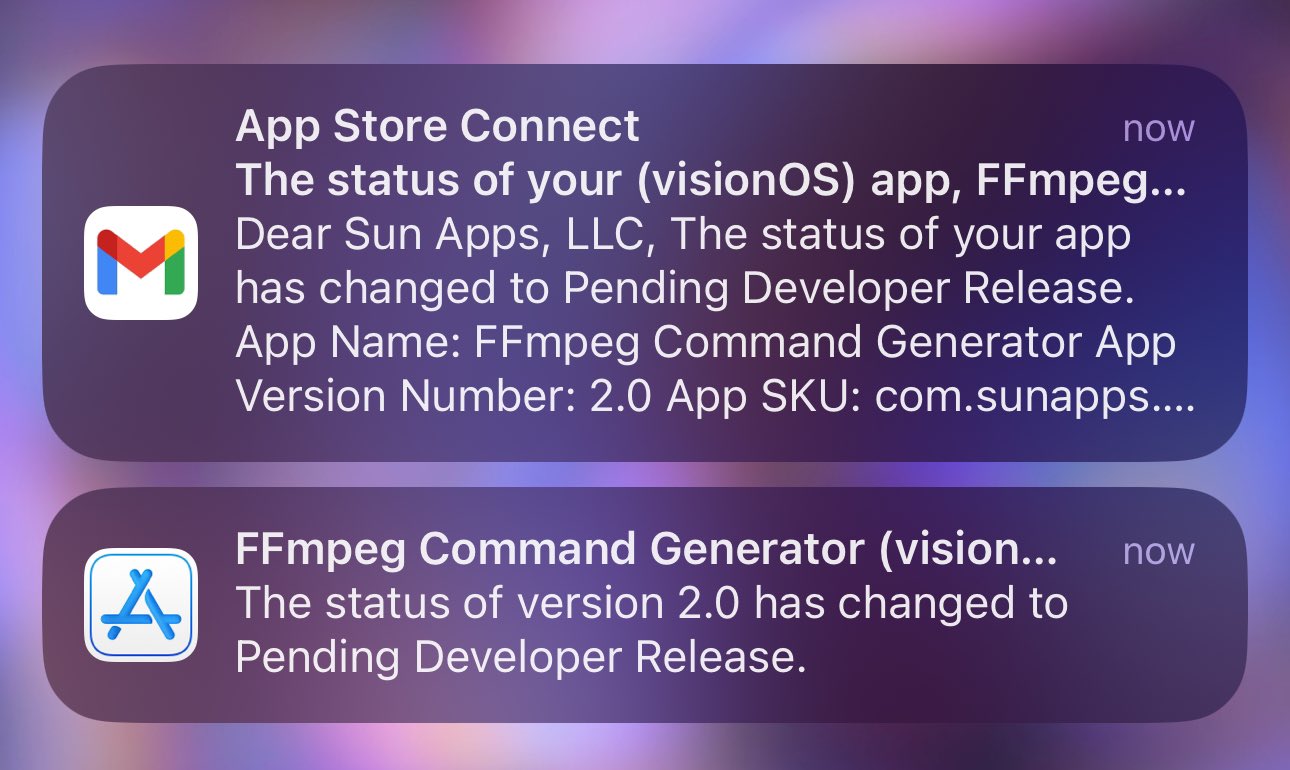 Notificación que indica a los desarrolladores de FFmpeg Command Generator que su App ya está lista para ser publicada en la App Store para las Vision Pro