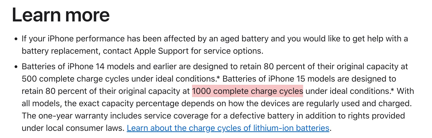 Apple indica en su web que el iPhone 15 tiene una batería que aguanta hasta 1000 ciclos de carga y descarga sin que su rendimiento total baje del 80% de su capacidad de carga original.