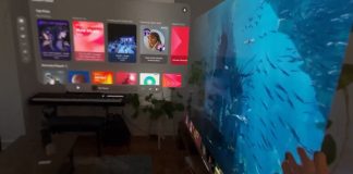 Apps de Apple Music y Apple TV+ colocadas en un salón con las Vision Pro