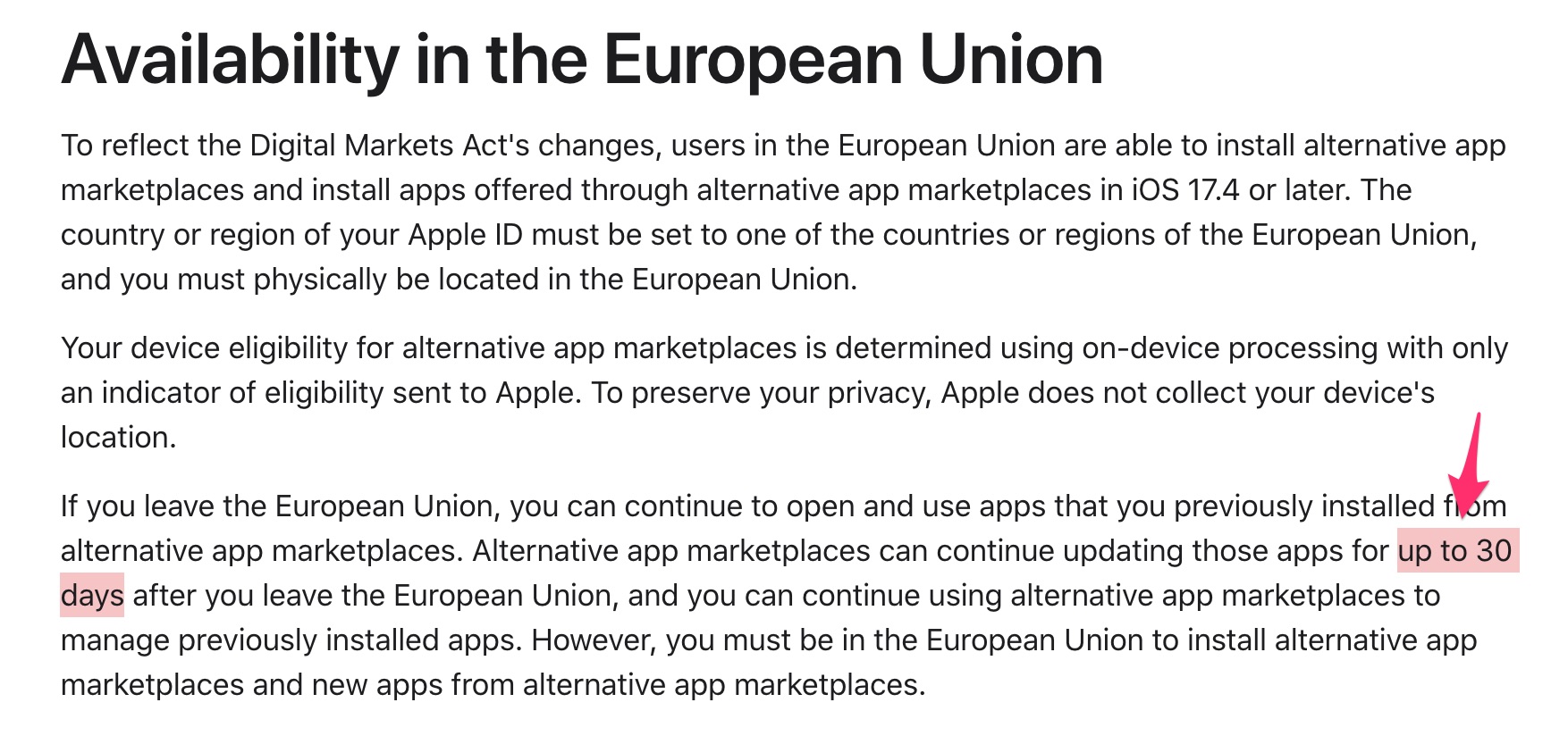 Apple indica que las Apps descargadas desde mercados alternativos de Apps en la Unión Europea dejarán de poderse actualizar tras 30 días fuera de este territorio.