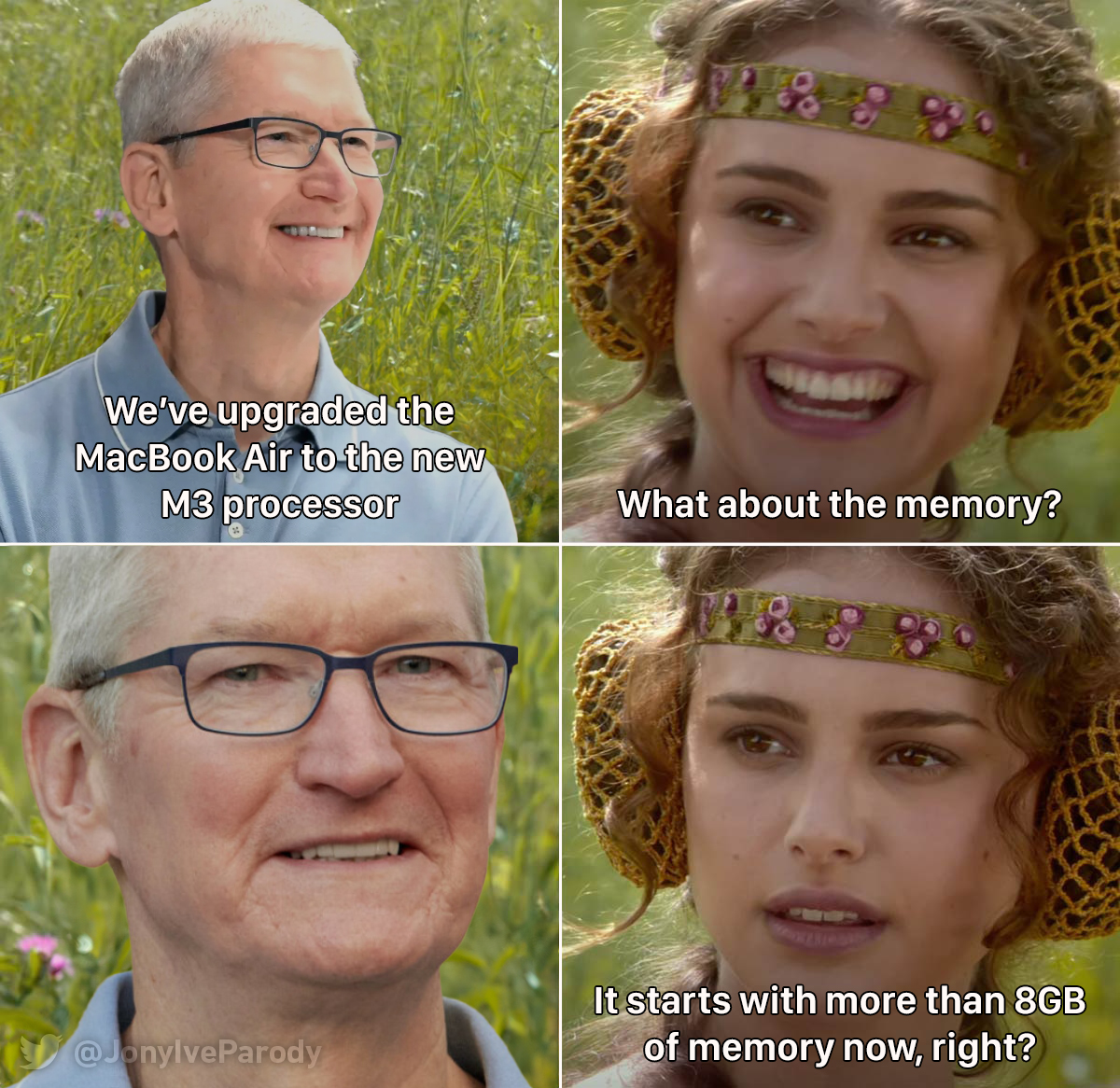 Meme sobre los 8 GB de RAM en los modelos más baratos de MacBook Air con M3
