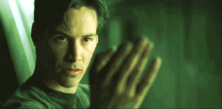 GIF de Neo en Matrix diciendo ven aquí