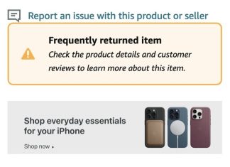 Mensaje en Amazon que indica que hay muchas devoluciones de esta funda de trenzado fino de Apple