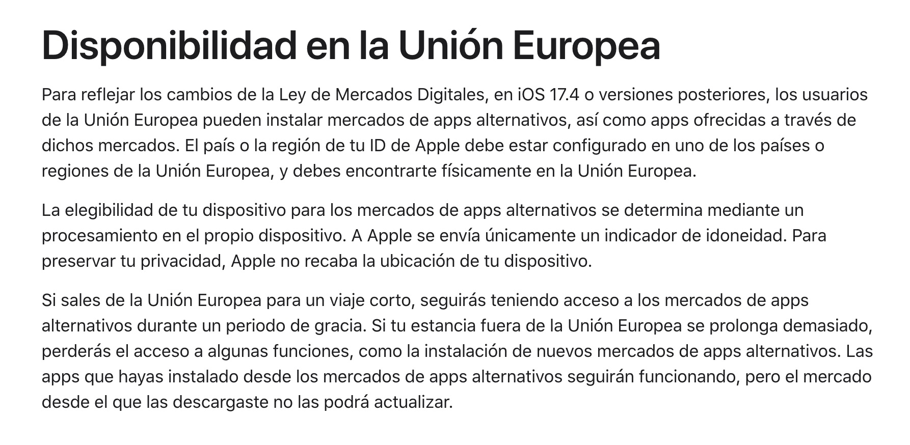 El mismo párrafo en la web española de Apple, sin actualizar con esa mención de los 30 días, un indicio más de que van decidiendo muchos de estos detalles sobre la marcha.